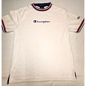 Champion Stretch Terry Logo Polo Shirt Embroidered White Unisex Size S 37" Chest
